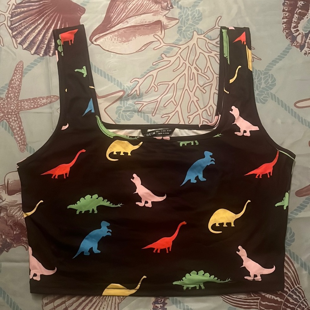 Black Crop Top With Multicolored Dinosaurs